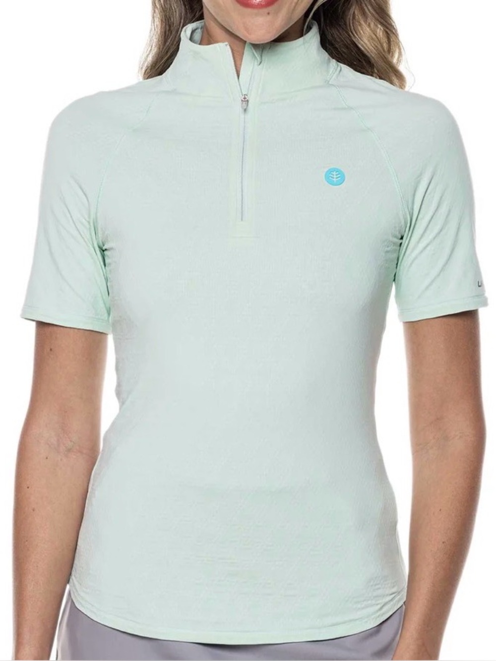 Coolibar Albatross | Women's Elbow Sleeve Mock Neck Top in mint green size Small